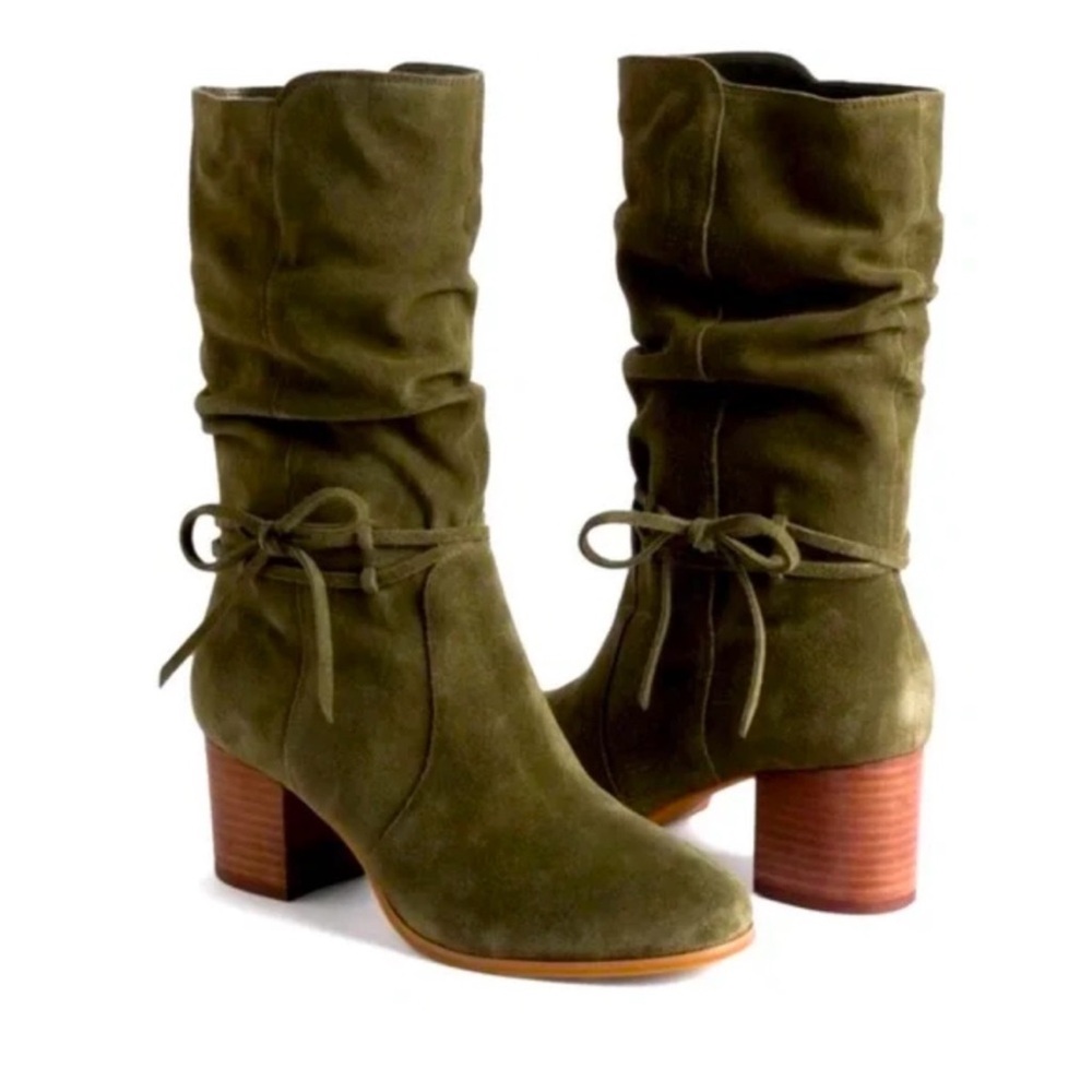 Olive Suede Mid-Calf Heeled Boots - Women